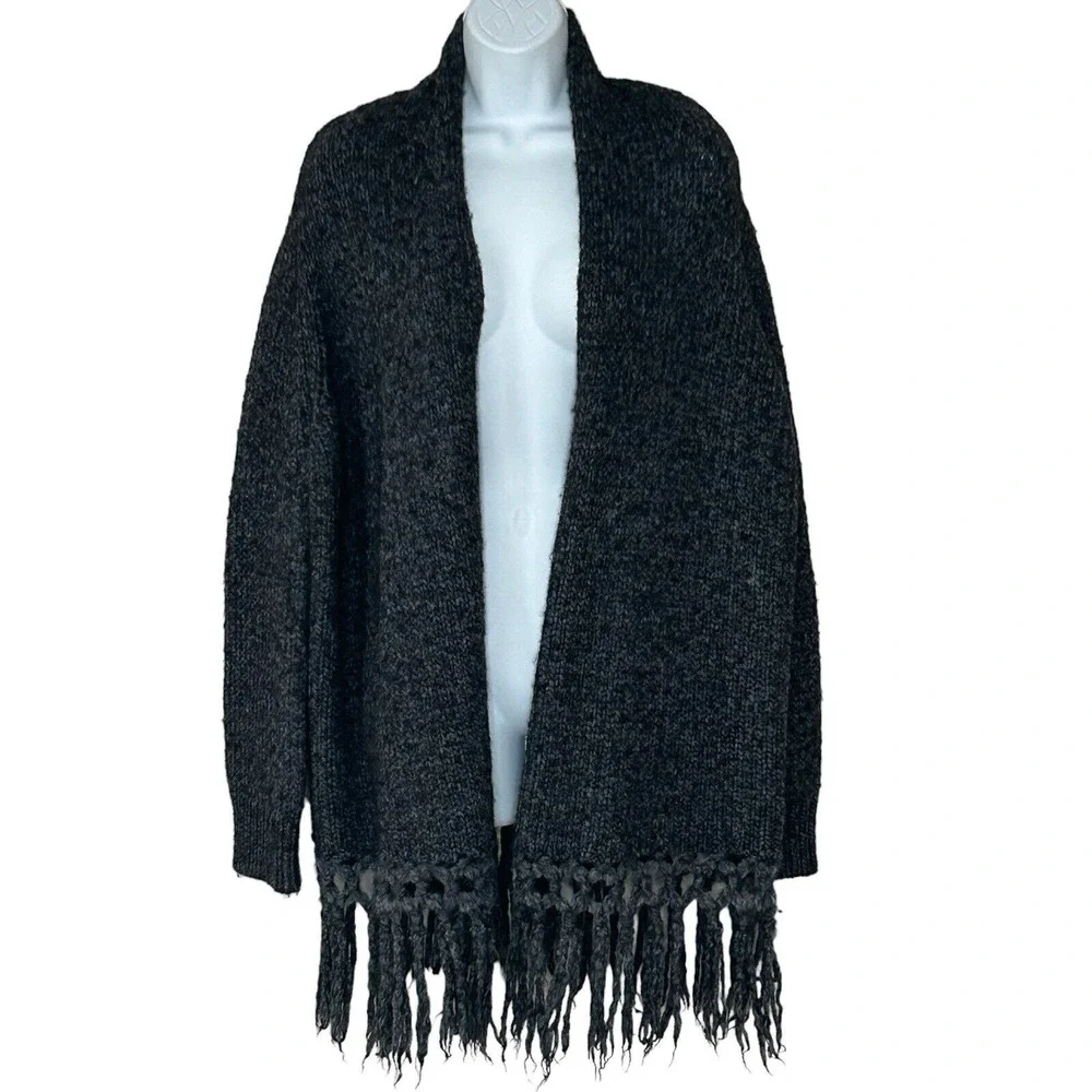 Joie Chunky Sweater M/L Black Wool Alpaca Blend Open Front Cardigan Fringe Long